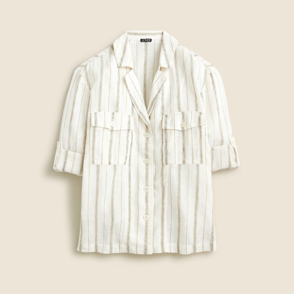 J.Crew Stripe Featherweight Linen Blend Camp-Collar Button-Up Shirt Ivory 12 NWT